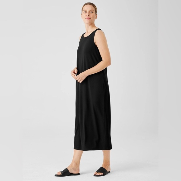 Eileen Fisher Black Stretch Jersey Knit Tank Dress Full Length Midi Size Large - Picture 7 of 7